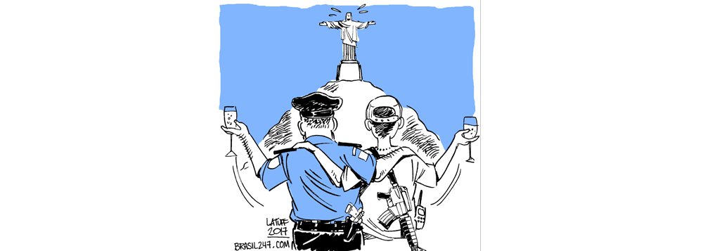 O cartunista Lautff retratou as declarações do ministro da Justiça, Torquato Jardim, sobre a criminalidade e o tráfico de drogas no estado do Rio de Janeiro em sua nova charge; nesta quarta-feira, 1º, Torquato Jardim disse que a Segurança Pública do Rio voltou a patamares descritos nos filmes Tropa de Elite; "Há toda uma linha de comando que precisa ser investigada, (que está) sendo analisada. Nós temos informação: R$ 10 milhões por semana na Rocinha com gato de energia elétrica, tv a cabo, controle da distribuição de gás e o narcotráfico. Em um espaço geográfico pequeno. Você tem um batalhão, uma UPP lá. Como aquilo tudo acontece sem conhecimento das autoridades?"