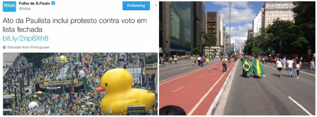 O Diario do Centro do Mundo mostra como o jornal Folha de S. Paulo usou fotos para distorcer a quantidade de pessoas nas manifestações encabeçadas pelo Movimento Brasil Livre (MBL) e pelo Vem pra Rua, apoiadores do golpe; os protestos que renderam um público muito aquém do esperado em várias capitais