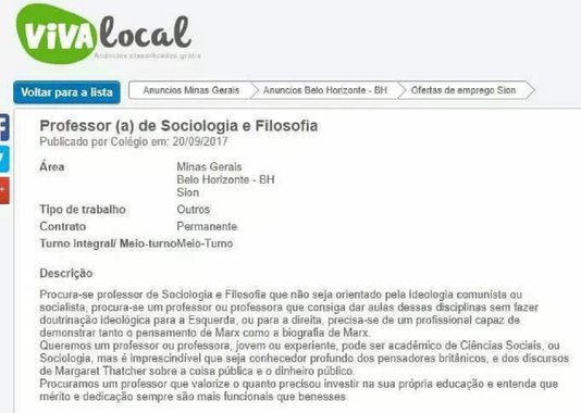 Na carona do movimento conservador pela 'Escola sem Partido', um colégio de Belo Horizonte já anuncia sua busca por professores 'sem orientações comunistas'