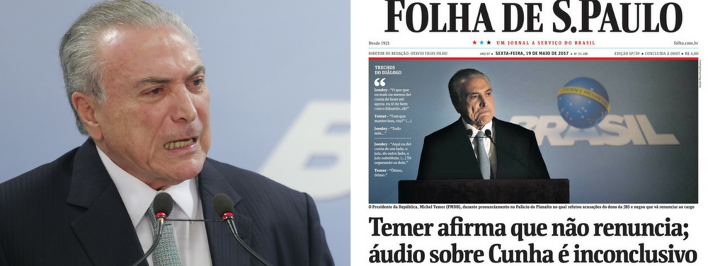 Folha de S.Paulo tenta jogar boia de salvação a um golpista rejeitado por 90% dos brasileiros e se distancia ainda mais de seus leitores; em sua manchete desta sexta, o jornal da família Frias classifica como "inconclusivo" o áudio em que Temer escuta calmamente relatos sobre uma série de crimes, avaliza o pagamento de propina pelo silêncio de Eduardo Cunha na cadeia e ainda vaza a queda da taxa Selic para empresário Joesley Batista; como se não bastasse, a gravação mostra ainda claramente que Temer indicou um aliado próximo, o deputado Rodrigo Rocha Loures, para lidar com Joesley; Rocha Loures foi flagrado pela PF com malas de dinheiro
