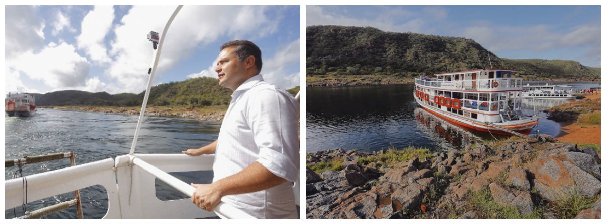 Durante a viagem pelas águas do São Francisco, o governador Renan Filho afirmou que é necessário um esforço conjunto no sentido de revitalizar o Velho Chico; ele ainda alertou que a vazão do Rio encontra-se em seu menor patamar histórico, abaixo de 600 metros cúbicos por segundo; ato em defesa do São Francisco será concluído com um encontro na cidade alagoana de Penedo entre os governadores de Pernambuco, Paulo Câmara; de Sergipe, Jackson Barreto; e da Bahia, Rui Costa