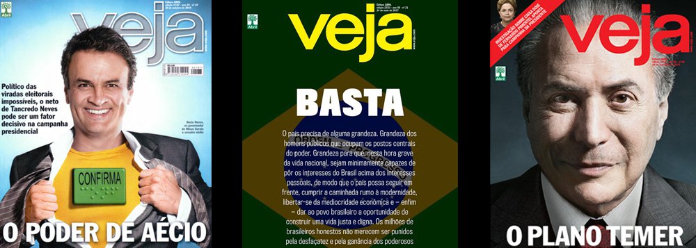 Na semana em que o golpe Temer-Aécio chegou ao fim, pela força das estarrecedoras revelações da JBS, a revista Veja pediu "grandeza" dos homens públicos, mas não teve a grandeza de estampar em sua capa as imagens dos personagens que caíram em desgraça: o senador afastado Aécio Neves, apoiado escancaradamente por Veja em 2014, e Michel Temer, que a revista ajudou a instalar no poder com o golpe de 2016; assim como a Globo, Veja passou a defender a renúncia de Temer, mas também deve trabalhar por eleições indiretas, pelo medo de que Lula se torne presidente da República já em 2017