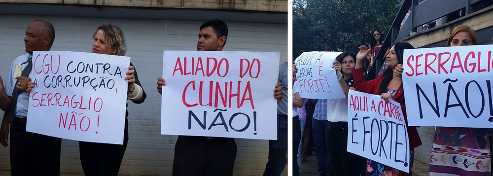 Servidores do órgão anticorrupção lembram em protesto que o ex-ministro da Justiça Osmar Serraglio, que foi convidado por Michel Temer para assumir o ministério da Transparência, Fiscalização e Controladoria-Geral da União (CGU), é aliado de Eduardo Cunha e foi citado em grampo da Operação Carne Fraca; "Aqui ministro suspeito não entra, a CGU não se presta a esse papel", diz manifestante; assista ao vídeo