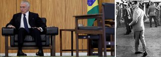 O editor do Tijolaço, Fernando Brito observa que uma foto de Michel Temer feita por Ueslei Marcelino, da Reuters, "traz, de imediato, a lembrança de outra, do gaúcho Erno Schneider" "que clicou os desorientados pés de Jânio Quadros"; "Não que Temer lembre Jânio, homem com trajetória política feita no voto e, mesmo com suas inconvencionalidades, de muito mais compreensão do Brasil e do mundo que este sujeito miúdo, que emporcalha a Presidência do Brasil. Apenas naquilo que os pés revelam, a desorientação", analisa
