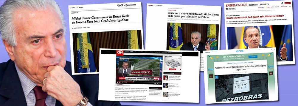 O governo de Michel Temer foi destaque nos principais veículos de comunicação internacionais após a divulgação da lista com 108 nomes que serão investigados no âmbito da Lava Jato no Supremo Tribunal Federal pelo ministro Edson Fachin; todos os jornais lembraram que a lista traz nove ministros de Temer, além dos presidentes das duas casas Legislativas e outras dezenas de políticos; segundo o Clarín, da Argentina, o governo brasileiro "viu a aparente calma dos últimos dias interrompida"; nos Estados Unidos, o The Washinton Post lembra que a lista atinge um terço da equipe de Temer e seus principais aliados, enquanto o The New York Times publica que novas acusações de corrupção fazem balançar o governo brasileiro; houve ainda repercussão na mídia do Canadá e da França, entre outros países