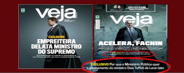 Fernando Brito escreve no Tijolaço que em agosto do ano passado a revista Veja deu capa sobre uma “delação” contra o ministro José Carlos Dias Toffoli que não tinha pé nem cabeça, acusando-o de receber uma obra de impermeabilização de laje em sua casa como “propina”; agora em outra chamada de capa – onde aconselha o ministro Fachin a “acelerar” a Lava Jato – diz que o Ministério Publico quer afastar Toffoli do julgamento dos casos vindos de Sérgio Moro; "Quando a Veja faz campanha contra alguém, pode ter certeza que há algum interesse em jogo", diz Brito
