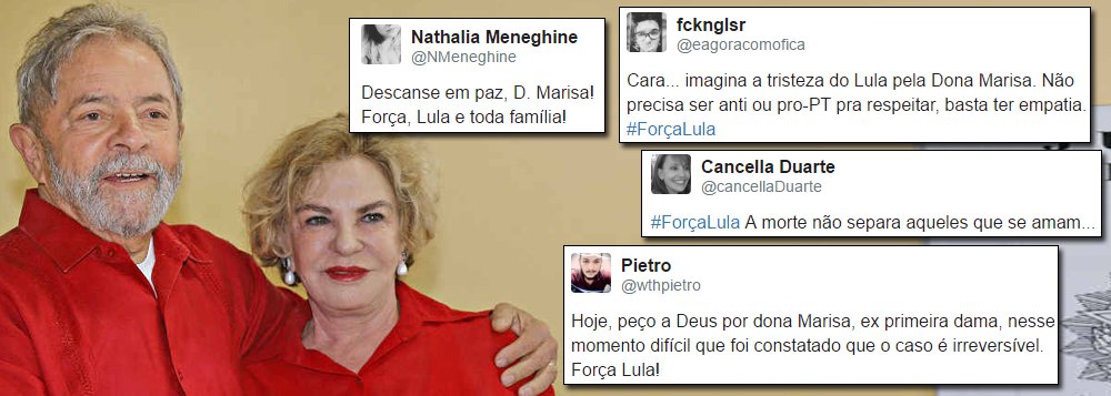Solidariedade à ex-primeira-dama Marisa Letícia é o assunto mais comentado no Twitter nesta quinta-feira, 2; milhares de seguidores e simpatizantes deixam mensagens de apoio a Dona Marisa, que teve piora em seu quadro clínico e morte cerebral confirmada, e pedidos de respeito à família do ex-presidente Luiz Inácio Lula da Silva