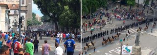 Policiais e manifestantes entraram em confronto em frente a Assembleia Legislativa do Rio (Alerj) nesta tarde; protestos são contra as medidas de ajuste fiscal do estado, que devem ser votadas nos próximos dias; já há feridos e testemunhas relatam pessoas caídas no chão; policiais usam gás lacrimogêneo; o prédio da Alerj está cercado por grades desde esta terça (31) e é protegido por 500 agentes; assista ao vídeo da Midia Ninja
