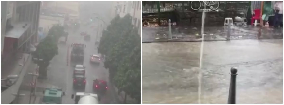 Chove forte no Rio e o tráfego de veículos na Avenida Brasil está prejudicado; a via é a principal ligação do centro com a zona oeste, com 54 quilômetros de extensão; na zona portuária, no bairro do Caju, há pontos de alagamento; a chuva também atinge a área central da cidade, como a Lapa, a zona portuária e o Aterro do Flamengo, que liga a zona sul ao centro da cidade, e também o bairro da Urca, na zona sul; às 13h25, a cidade voltou a entrar em estágio de atenção, segundo o Centro de Operações da Prefeitura; foto: Rua do Riachuelo, Centro