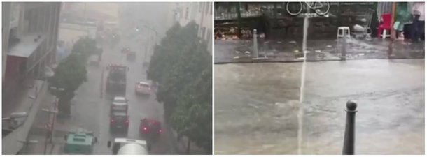 Chove forte no Rio e o tráfego de veículos na Avenida Brasil está prejudicado; a via é a principal ligação do centro com a zona oeste, com 54 quilômetros de extensão; na zona portuária, no bairro do Caju, há pontos de alagamento; a chuva também atinge a área central da cidade, como a Lapa, a zona portuária e o Aterro do Flamengo, que liga a zona sul ao centro da cidade, e também o bairro da Urca, na zona sul; às 13h25, a cidade voltou a entrar em estágio de atenção, segundo o Centro de Operações da Prefeitura; foto: Rua do Riachuelo, Centro
