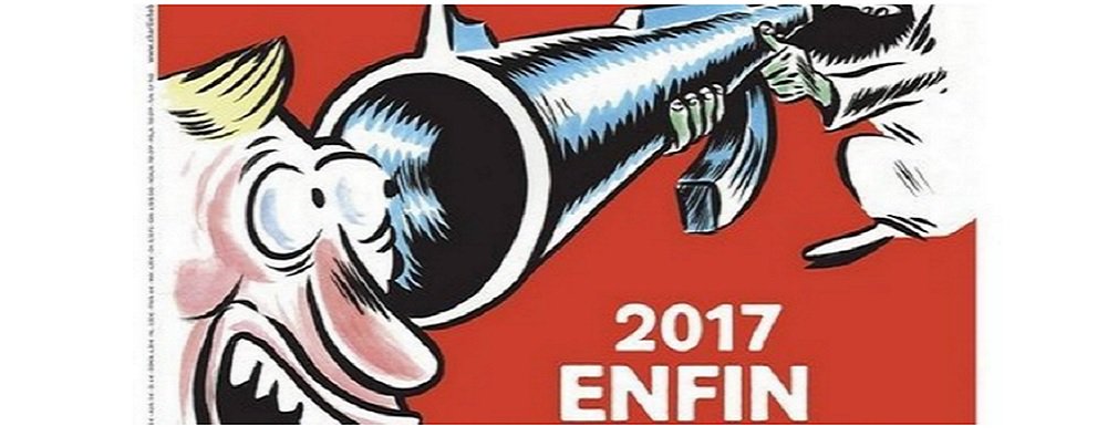 No aniversário de dois anos do ataque terrorista que matou quase toda a equipe de redação do Charlie Hebdo, o semanário satírico francês voltou a ironizar os radicais islâmicos; o título “2017, por fim, o fim do túnel” é a capa, onde se vê um homem com trajes do Oriente Médio empunhando uma arma na cabeça de outra pessoa, que ri