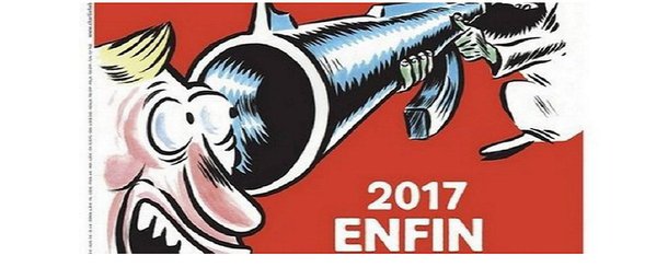 No aniversário de dois anos do ataque terrorista que matou quase toda a equipe de redação do Charlie Hebdo, o semanário satírico francês voltou a ironizar os radicais islâmicos; o título “2017, por fim, o fim do túnel” é a capa, onde se vê um homem com trajes do Oriente Médio empunhando uma arma na cabeça de outra pessoa, que ri