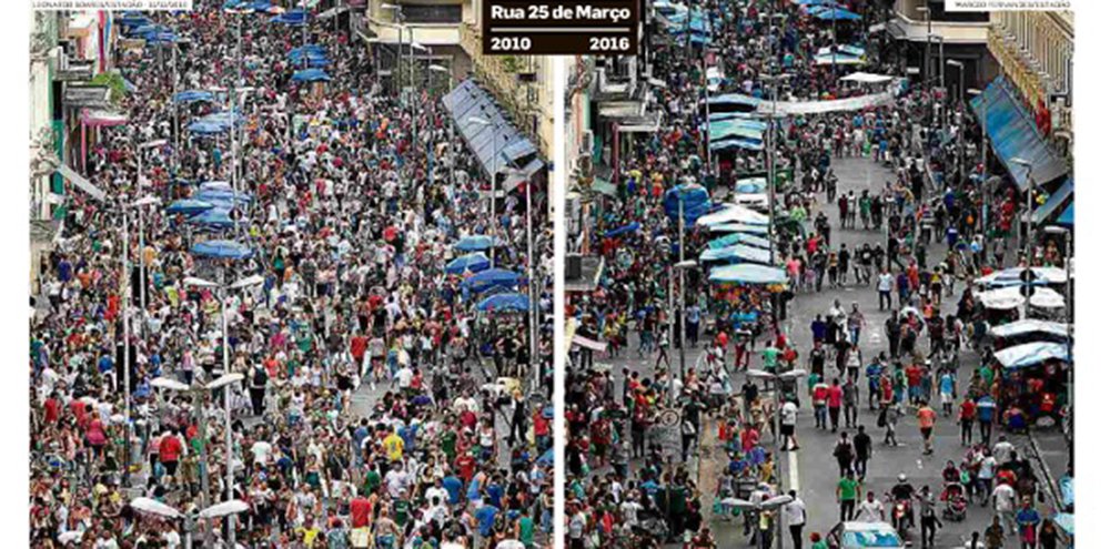 "Nenhum texto, reportagem ou análise econômica, pode ser tão expressivo do que se passa no Brasil que o par de fotos estampados hoje na capa do Estadão. Há na rua, menos da metade das pessoas que havia há seis anos, naquele 2010 do qual muita gente já esqueceu", diz o jornalista Fernando Brito sobre o retrato da crise econômica do País; "O cerne do projeto neoliberal é este: fazer 'desaparecer' uma parte da população. Que não vai à 25 de março, que não vai mais ao hospital, ou irá a um mais precário, como mais precária serão suas escolas, suas periferias, suas casas  lá onde a elite não as vê"