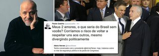 O escritor Paulo Coelho usou sua conta no Twitter, onde tem 11,5 milhões de seguidores, para criticar Aécio Neves e Michel Temer, sugerindo que a dupla destruiu o Brasil. O autor de "O Alquimista" republicou uma postagem em que o senador tucano era só elogios a Temer e ironizou: "meus 2 amores, o que seria do Brasil sem vocês? Corríamos o risco de voltar a respeitar uns aos outros, mesmo divergindo politicamente"