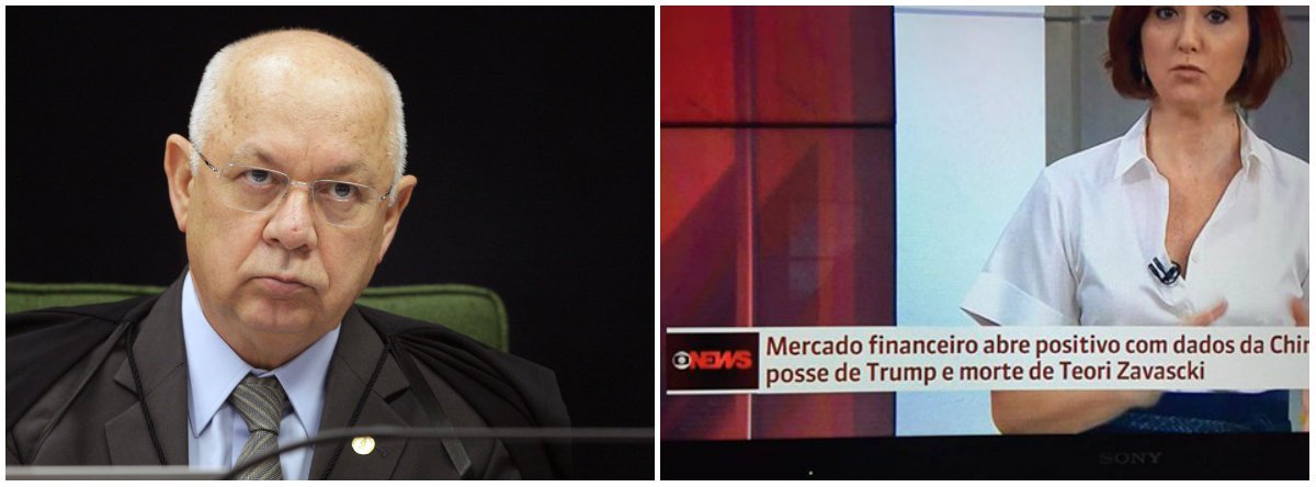 Organizações Globo não se envergonham de celebrar o seu acordo com a plutocracia, mesmo diante da morte do ministro do Supremo Tribunal Federal Teori Zavascki, relator da operação Lava Jato que foi vítima de acidente aéreo com outras quatro pessoas no litoral de Paraty (RJ); durante telejornal da Globonews, a jornalista Thais Herédia explica por que o mercado financeiro considerou positiva a morte de ministro do STF; falta de bom senso gerou reações nas redes sociais; uma delas foi a do crítico de cinema Pablo Villaça: "A Globo atingiu um novo fundo do poço. A Globo já nem enxerga mais a entrada do poço. A Globo atravessou o planeta", afirmou