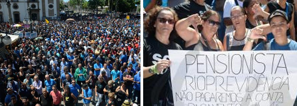 Centenas de servidores públicos estaduais protestaram em frente à Assembleia Legislativa (Alerj) nesta terça-feira 8; eles são contra o pacote de medidas anunciado pelo governador Luiz Fernando Pezão (PMDB) para enfrentar a crise financeira do estado e que deve começar a ser votado na Alerj no próximo dia 16; segurança da Alerj pediu reforço de policiais do Batalhão de Choque por conta do protesto de servidores; pacote inclui 22 projetos de lei, que entras medidas, aumenta a contribuição previdenciária; além desse aumento, a proposta do governo é que todos os servidores, incluindo aposentados e pensionistas que ganham menos de R$ 5.189 tenham um desconto previdenciário extra por 16 meses