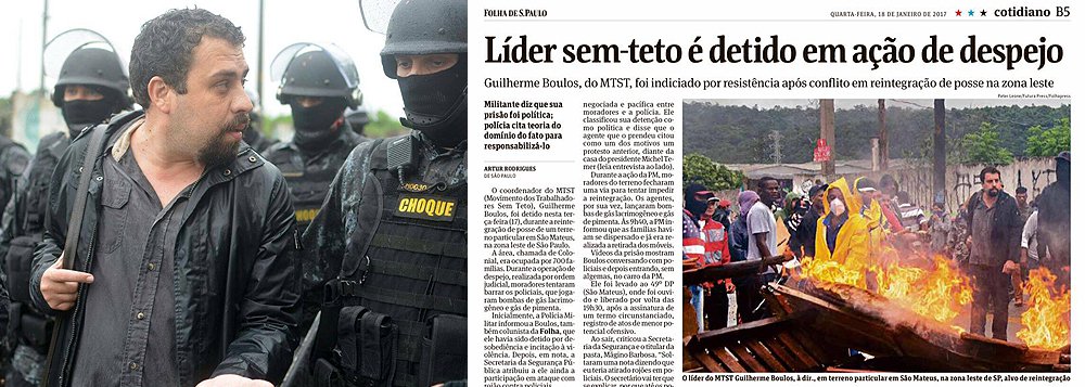 "A prisão de Guilherme Boulos teve dois objetivos claros (e ligados entre si). O primeiro é a intimidação contra quem se coloca na resistência ao golpe. O segundo é a criminalização dos movimentos sociais. Nada de novo: é o que vem acontecendo há tempos, nesse Brasil em que as forças de segurança funcionam cada vez mais como polícia política", diz o colunista do 247 Luís Felipe Miguel; para ele, a desobediência simbolizada por Boulos incomoda; "Ela ainda é pequena, fraca. Mas os donos do poder sabem que ela tem potencial de crescer - por isso tentam impedi-la a todo custo, e por isso não podemos esmorecer"