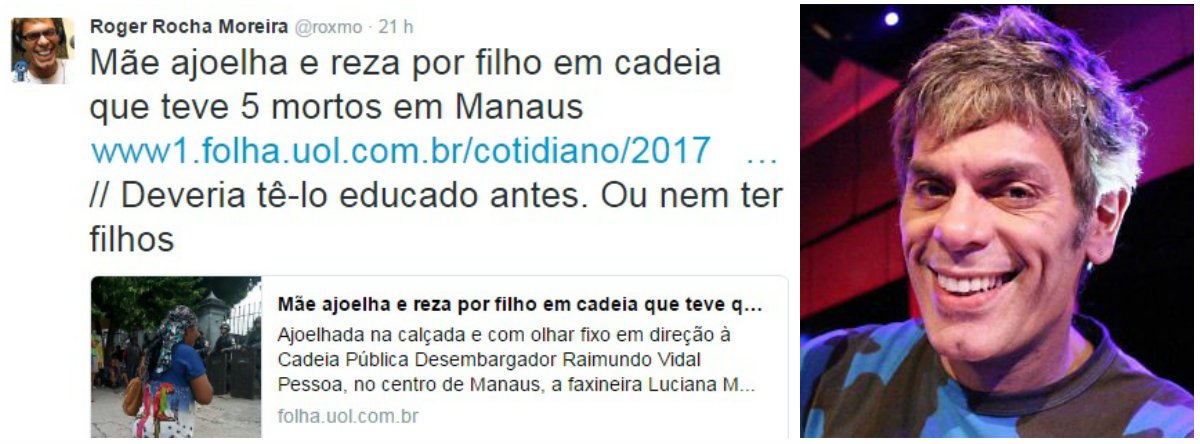 Em mais uma demonstração de ódio e discriminação que vieram à tona depois das chacinas que ocorreram em presídios no Amazonas e em Roraima, desta vez o cantor Roger, da banda Ultraje a Rigor, sugeriu, ultrapassando os limites da humanidade, à mãe de um preso que rezava desesperada diante do presídio: "Deveria tê-lo educado antes. Ou nem ter filhos"; políticos e até o secretário de Temer chegaram a defender novas chacinas