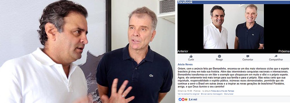 Uma publicação no Facebook do senador Aécio Neves (PSDB) deixou explícita a próxima jogada do tucano, que pretende preparar Bernardinho, recém-saído do comando da seleção brasileira de vôlei, para concorrer ao governo do Rio de Janeiro nas próximas eleições; amigo pessoal do treinador, Aécio vem há anos ventilando o nome de Bernardinho como o "candidato ideal" para concorrer no Estado; em seu post, o mineiro diz que o espírito público do agora ex-técnico permitirá que ele "continue a servir o Brasil em outras áreas e a inspirar as novas gerações de brasileiros"