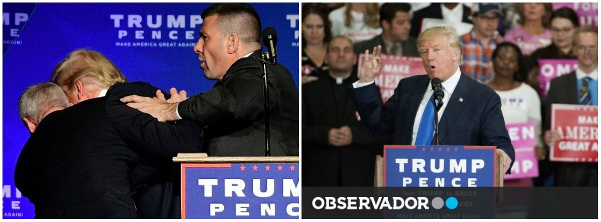 Candidato republicano à presidência dos EUA foi tirado às pressas do palco de um comício por agentes de segurança durante um discurso em Reno, Nevada, na noite desse sábado 5, por suspeita de que haveria um atentado contra ele; a multidão também saiu da sala em pânico; relatos dizem que pelo menos uma pessoa foi escoltada para fora do edifício pela polícia; assista ao vídeo