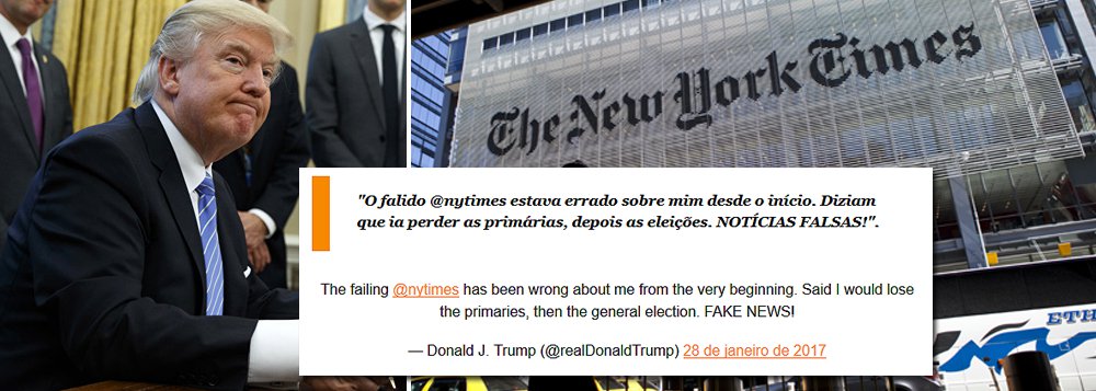 "O falido @nytimes estava errado sobre mim desde o início. Diziam que ia perder as primárias, depois as eleições. NOTÍCIAS FALSAS!", postou neste sábado o presidente dos Estados Unidos, Donald Trump