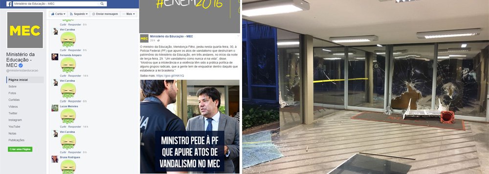 A página oficial do Ministério da Educação no Facebook vem sendo alvo de um grande protesto em forma de "vomitaço" desde a última quarta-feira 30; usuários não poupam nem postagens referentes a programas como Enem e a oferta de cursos técnicos; ao longo desta semana, a pressão popular contra o MEC tem aumentado; na terça, um grupo de manifestantes ocupou a sede do órgão em Brasília pedindo a saída de Michel Temer