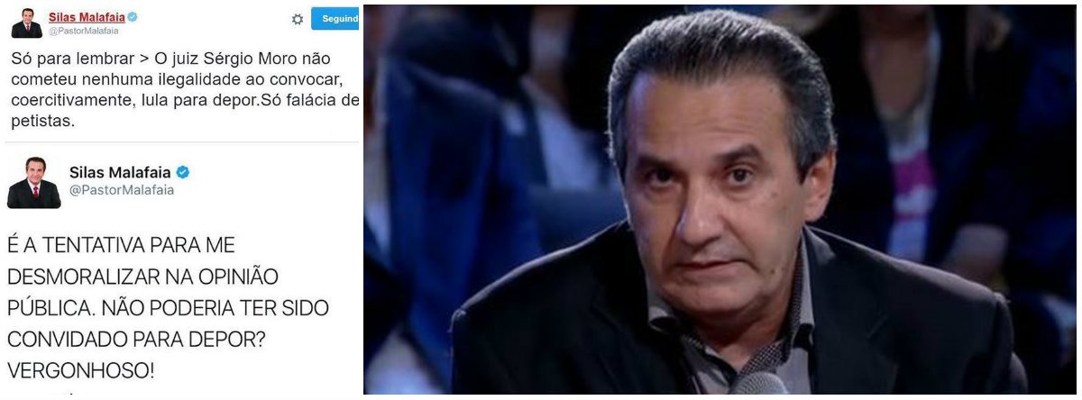 "Só para lembrar: o juiz Sérgio Moro não cometeu nenhuma ilegalidade ao convocar, coercitivamente, Lula para depor. Só falácia de petistas", tuitou o pastor Silas Malafaia no dia 4 de março desse ano; nesta sexta-feira 16, quando ele próprio foi alvo do mandado de condução coercitiva no âmbito da Operação Timóteo, ele declarou aos internautas: "É a tentativa para me desmoralizar na opinião pública. Não poderia ter sido convidado para depor? Vergonhoso"; "Silas Malafaia" e "condução coercitiva" viraram assuntos mais comentados no Twitter hoje