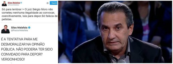 "Só para lembrar: o juiz Sérgio Moro não cometeu nenhuma ilegalidade ao convocar, coercitivamente, Lula para depor. Só falácia de petistas", tuitou o pastor Silas Malafaia no dia 4 de março desse ano; nesta sexta-feira 16, quando ele próprio foi alvo do mandado de condução coercitiva no âmbito da Operação Timóteo, ele declarou aos internautas: "É a tentativa para me desmoralizar na opinião pública. Não poderia ter sido convidado para depor? Vergonhoso"; "Silas Malafaia" e "condução coercitiva" viraram assuntos mais comentados no Twitter hoje