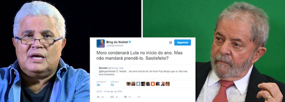 Colunista do Globo deu a entender nesta terça-feira, 13, que já conhece o teor da sentença do juiz Sérgio Moro contra o ex-presidente Luiz Inácio Lula da Silva em uma das ações que correm contra Lula no âmbito da operação Lava Jato; ao ser questionado por um seguidor no Twitter, que cobrava uma notícia "exclusiva" de Noblat, o colunista respondeu: "Moro condenará Lula no início do ano. Mas não mandará prendê-lo. Sastisfeito?"