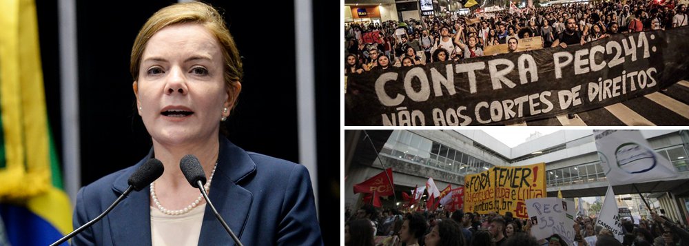 "Como se sabe, o governo tem muita pressa em aprovar a PEC 55, tanto que bloqueou o debate na Câmara dos Deputados, onde ela foi aprovada à revelia da sociedade e sem a mínima discussão. Agora, as lideranças do governo golpista agem para que o mesmo ocorra no Senado", alerta a senadora Gleisi Hoffmann (PT-PR); "Para o andar de cima, a PEC 55 não existe. Vai sobrar para o aposentado, para o dependente do SUS, para o pai que tem filho em escola pública e para os extremamente pobres que dependem do amparo do Estado. É por isso que eles têm medo do referendo, medo de enfrentar o debate popular", afirma Gleisi; ele pede que o governo Temer "respeite a soberania popular"; "O povo tem que se manifestar sobre quem vai pagar a conta desse ajuste fiscal", ressalta