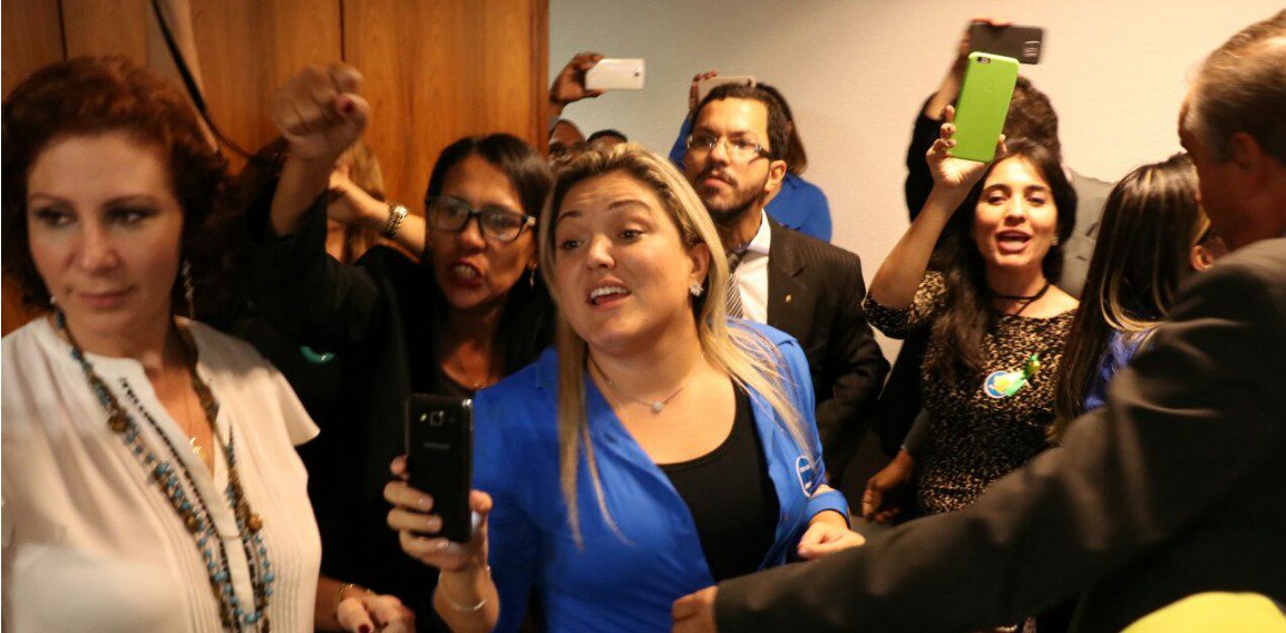 O principal mentor do movimento Escola Sem Partido, o advogado Miguel Nagib, convidado para a audiência, não compareceu à Comissão de Educação, nem apresentou justificativa; em vez disso, um pequeno grupo de manifestantes que não se identificaram invadiu a reunião da comissão, tumultuando os trabalhos e gritando palavras de ordem a favor do programa; para Camila Lanes, presidente da Ubes, a proposta é o começo da criminalização dos movimentos estudantis do País