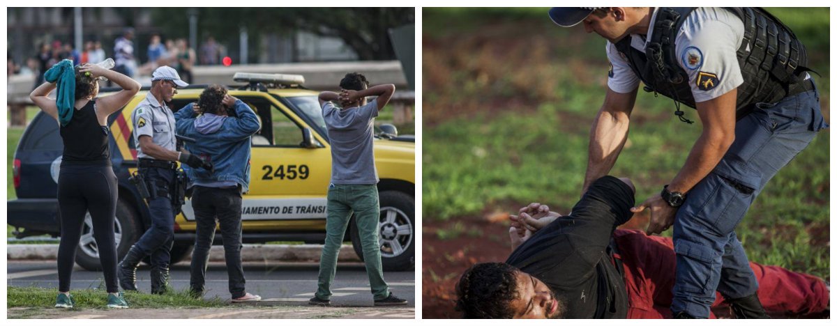 Nesta terça-feira, nas manifestações contra a PEC 55, a polícia militar deteve cerca de 100 pessoas, a maioria estudantes, sendo vários de outros estados do país; alguns detidos estão sendo encaminhados para a carceragem enquadrados na Lei de Segurança Nacional, artigo 20; os protestos ocorreram após a aprovação da PEC 55, que é rejeitada por 60% dos brasileiros, segundo o Datafolha, e congela gastos públicos por vinte anos (fotos: Mídia Ninja)