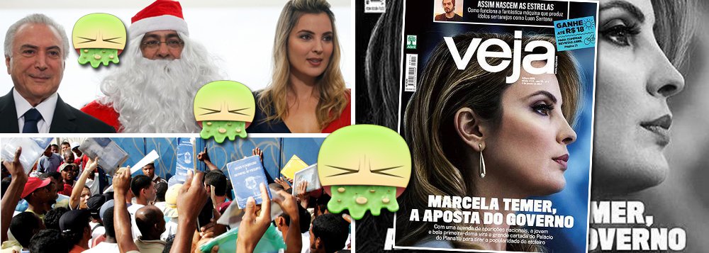 Alguém no Palácio do Planalto teve uma "idéia genial" para tentar levantar a popularidade de Michel Temer, rejeitado por pelo menos 77% dos brasileiros, neste fim de ano: explorar a imagem "princesa Disney" de Marcela, junto ao povão; esta é a capa de Veja deste fim de ano em que o Brasil termina com a maior taxa de desemprego da história, que é consequência direta do golpe que levou Temer ao poder; capa de Veja gerou uma onda de vomitaços nas redes sociais, até mesmo entre os leitores de Veja