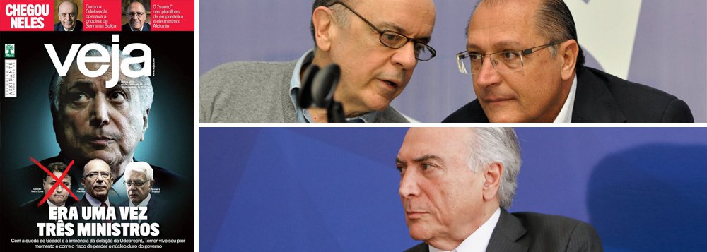 Revista Veja que chega às bancas neste final de semana parte para cima do presidente Michel Temer e do núcleo duro; a capa intitulada "Era Uma Vez Três Ministros" repercute a demissão de Geddel Vieira Lima e diz que a delação da Odebrecht pode derrubar os ministros Eliseu Padilha e Moreira Franco; mas a Veja não para por aí: no alto da capa, duas chamadas envolvem tucanos - uma sobre José Serra e outra sobre Geraldo Alckmin, intituladas "Chegou Neles"; "Como a Odebrecht operava a propina de Serra na Suiça", em referência ao chanceler José Serra" e "O santo nas planilhas da empreiteira é ele mesmo: Alckmin", sobre o governador de SP