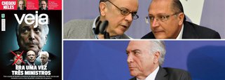 Revista Veja que chega às bancas neste final de semana parte para cima do presidente Michel Temer e do núcleo duro; a capa intitulada "Era Uma Vez Três Ministros" repercute a demissão de Geddel Vieira Lima e diz que a delação da Odebrecht pode derrubar os ministros Eliseu Padilha e Moreira Franco; mas a Veja não para por aí: no alto da capa, duas chamadas envolvem tucanos - uma sobre José Serra e outra sobre Geraldo Alckmin, intituladas "Chegou Neles"; "Como a Odebrecht operava a propina de Serra na Suiça", em referência ao chanceler José Serra" e "O santo nas planilhas da empreiteira é ele mesmo: Alckmin", sobre o governador de SP