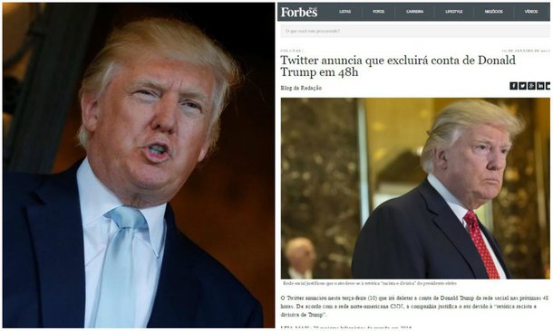 Site em português da revista norte-americana diz que o Twitter anunciou a exclusão da conta do presidente eleito dos EUA em 48 horas alegando a "retórica racista e divisiva de Trump"; o texto traz a declaração de Paul Horner como representante do Twitter, mas o nome é atribuído a um criador de notícias falsas