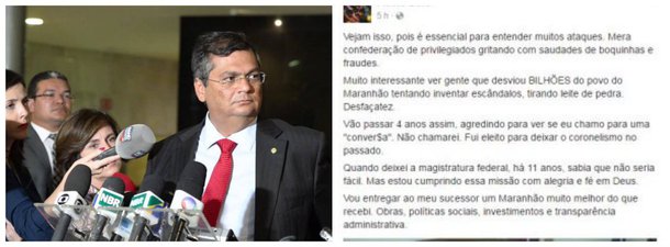 Através das redes sociais, o governador Flávio Dino (PCdoB) reagiu a ataques desferidos por meios de comunicação ligados ao grupo do ex-presidente José Sarney; “Vão passar quatro anos assim, agredindo para ver seu eu chamo para uma conversa. Não chamarei. Fui eleito para deixar o coronelismo no passado”, disse; ao que parece, a perda de regalias pelo grupo Sarney, caso de benefícios ligados a empresas e empresários, tem deixado a oligarquia assustada