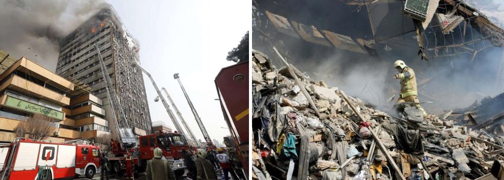 Edifício de 15 andares, no qual dezenas de bombeiros tentavam apagar um incêndio, desabou nesta quinta-feira (19) em Teerã;  prédio, construído em 1962 e que abrigava um centro comercial e ateliês têxteis, foi evacuado momentos antes do desabamento, mas dezenas de bombeiros estavam em seu interior tentando apagar as chamas. Trinta pessoas ficaram feridas no incêndio; polícia evacuou o bairro em que está localizado o edifício por medo de explosões provocadas por vazamentos de gás