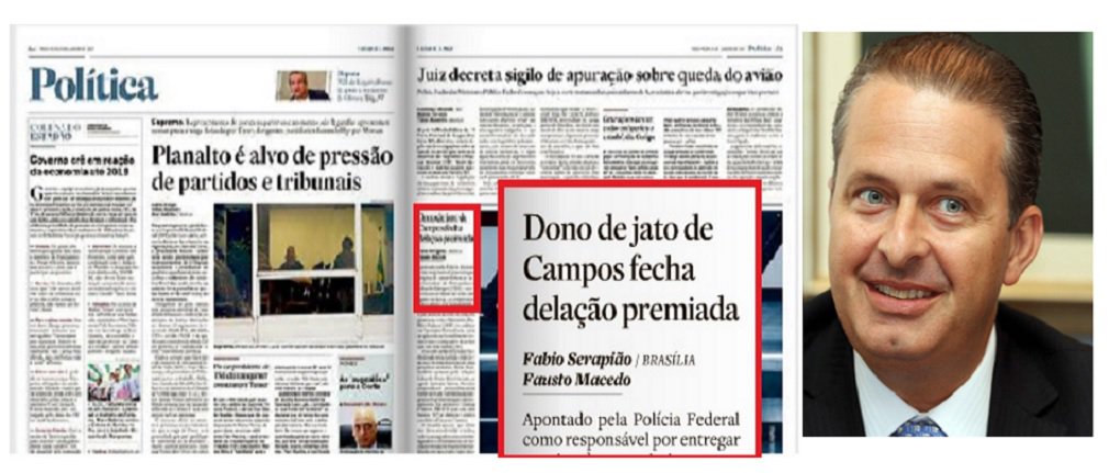 "A imagem do Estadão de hoje, no alto do post, mostra bem o equilíbrio da imprensa brasileira. A Polícia Federal, finalmente, terminou o relatório sobre os “donos” do avião que caiu em Santos, matando Eduardo Campos, candidato, com Marina Silva, à presidência da República. Vale uma pequena notinha, nada mais. O relatório da PF, disponível no site do Estadão, mostra claramente como a trinca fazia fluir as propinas pagas ao governo de Pernambuco pela OAS e pela Camargo Corrêa", diz o blog Tijolaço