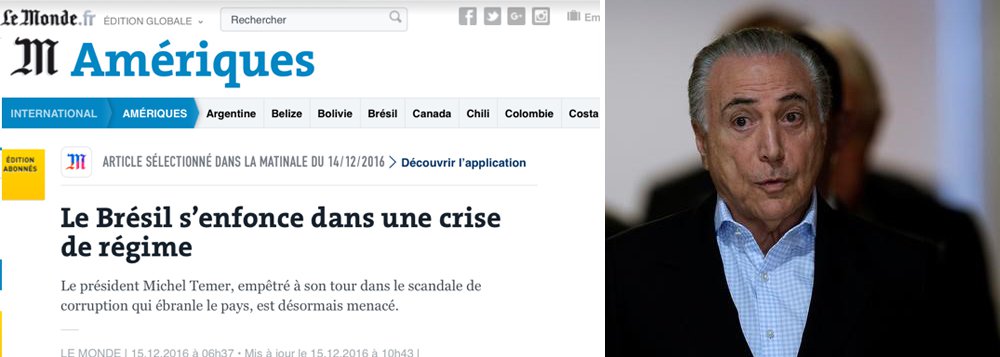 Ao repercutir a delação de Claudio Melo Filho, confirmadas por Marcelo Odebrecht, sobre pagamento de propina para Michel Temer, o jornal francês Le Monde diz que o roteiro é digno do filme "O Poderoso Chefão", de Francis Ford Coppola; jornal diz que a saída de Temer se tornou uma hipótese viável; citando o politólogo Mathias de Alencastro, Le Monde diz que Temer se tornou um "presidente zumbi" e questiona se as "ruas permanecerão mudas" diante dos sucessivos escândalos