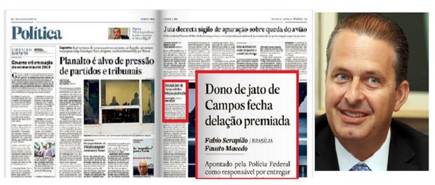 "A imagem do Estadão de hoje, no alto do post, mostra bem o equilíbrio da imprensa brasileira. A Polícia Federal, finalmente, terminou o relatório sobre os “donos” do avião que caiu em Santos, matando Eduardo Campos, candidato, com Marina Silva, à presidência da República. Vale uma pequena notinha, nada mais. O relatório da PF, disponível no site do Estadão, mostra claramente como a trinca fazia fluir as propinas pagas ao governo de Pernambuco pela OAS e pela Camargo Corrêa", diz o blog Tijolaço