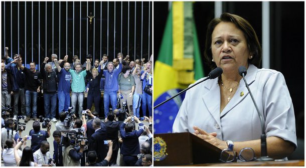 Para a senadora Fátima Bezerra (PT-RN), tudo indica que a Polícia Legislativa vem recebendo orientações para tratar de forma diferente representantes dos movimentos sociais de esquerda e de grupos conservadores e de direita; "Na semana passada, até spray de pimenta foi jogado nos estudantes. Hoje, um grupo de pessoas que não se identificaram entrou na Comissão de Educação unicamente com o objetivo de tumultuar e agora estão fazendo a mesma coisa na Câmara dos Deputados", comparou