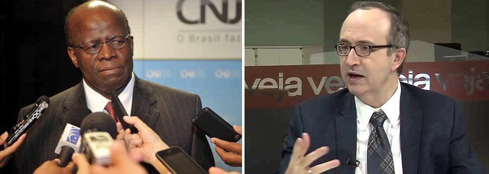 Ex-presidente do STF reagiu nesta sexta-feira 2, pelo Twitter, a críticas feitas por Reinaldo Azevedo depois de sua entrevista à Folha de S. Paulo; "Já era esperado, não era? Há um ano eu não dava entrevista. Abri a boca e já apareceu o primeiro ataque. Feroz. De quem? De um 'pau mandado' de grupos e partidos políticos chamado Reinaldo Azevedo. Um idiota que não tem consciência da própria irrelevância", detonou o ex-ministro; na entrevista, Barbosa definiu como "encenação" o impeachment de Dilma Rousseff; o blogueiro de Veja disse que as respostas de JB "trazem uma das maiores quantidades de bobagens por centímetro quadrado dos últimos tempos"