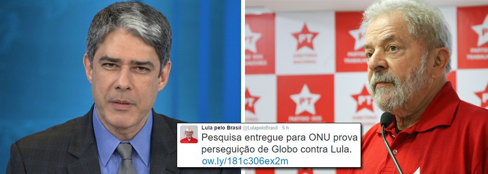 Estudo científico sobre a cobertura da imprensa brasileira, que comprova tecnicamente o massacre midiático contra o ex-presidente, foi apresentado pela defesa ao juiz Sérgio Moro e à Comissão Internacional de Direitos Humanos da ONU; dados referentes ao Jornal Nacional da Rede Globo mostram que, entre o final de dezembro de 2015 e agosto de 2016, foram ao ar praticamente 13 horas de notícias negativas sobre o ex-presidente; "Pesquisa entregue para ONU prova perseguição de Globo contra Lula", postou o ex-presidente no Twitter