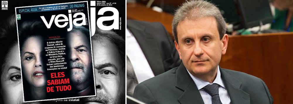 Fernando Brito diz que o depoimento em que o doleiro Alberto Youssef inocenta o ex-presidente Lula de qualquer participação em irregularidades "deveria levar alguém à cadeia"; "Ou a ele, de volta à cana, ou aos editores de Veja que publicaram aquela criminosa capa-panfleto com a imagem do ex-presidente e de Dilma Roussef e , em letras garrafais: 'eles sabiam de tudo'"