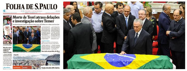 Do ponto de vista simbólico e semiótico, a capa da Folha de S. Paulo deste domingo é devastadora para Michel Temer: ela o exibe diante do caixão de Teori Zavascki, sob a manchete que o aponta como o principal beneficiário de sua morte; segundo o jornal, o desastre aéreo, ainda não esclarecido, atrasa as delações da Odebrecht, que atingem Temer e vários de seus ministros, e também retarda seu processo de cassação no Tribunal Superior Eleitoral; o motivo é a posição do ministro Gilmar Mendes, presidente do TSE, que pretende incluir as delações da Odebrecht no processo que pede a cassação da chapa Dilma-Temer; no velório, Cármen Lúcia não aceitou ser fotografada ao lado de Temer