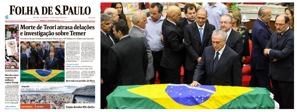 Do ponto de vista simbólico e semiótico, a capa da Folha de S. Paulo deste domingo é devastadora para Michel Temer: ela o exibe diante do caixão de Teori Zavascki, sob a manchete que o aponta como o principal beneficiário de sua morte; segundo o jornal, o desastre aéreo, ainda não esclarecido, atrasa as delações da Odebrecht, que atingem Temer e vários de seus ministros, e também retarda seu processo de cassação no Tribunal Superior Eleitoral; o motivo é a posição do ministro Gilmar Mendes, presidente do TSE, que pretende incluir as delações da Odebrecht no processo que pede a cassação da chapa Dilma-Temer; no velório, Cármen Lúcia não aceitou ser fotografada ao lado de Temer