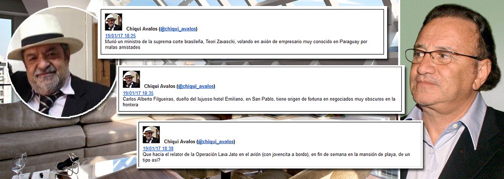 O escritor e jornalista Chiqui Avalos, um dos mais respeitados do Paraguai, postou no Twitter que Carlos Alberto Filgueiras, dono do Hotel Emiliano, fez fortuna com negócios suspeitos na fronteira; ele também questionou por que Teori Zavascki decidiu passar o fim de semana na casa de um tipo desses, com uma jovenzinha