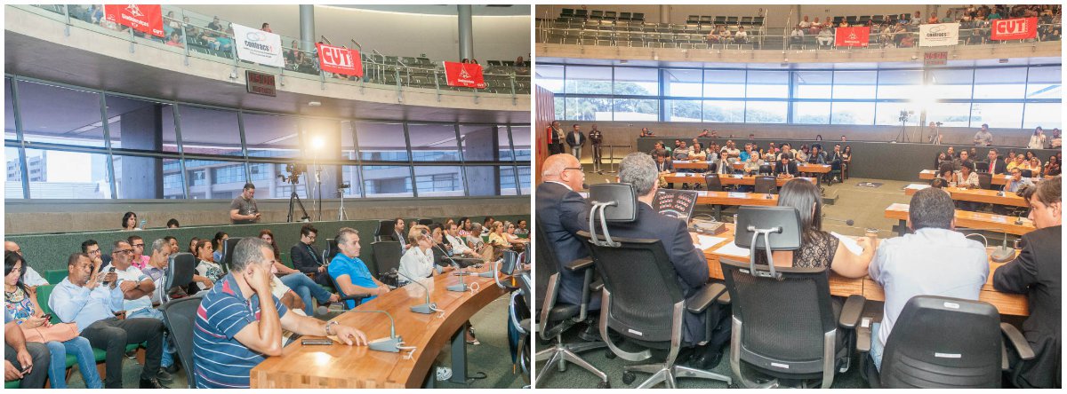 Representantes de empresas e de prestadores de serviços nas áreas de vigilância, limpeza e merenda escolar das pastas de Saúde e Educação do Distrito Federal participaram de comissão geral na Câmara Legislativa, para cobrar o repasse de pagamentos atrasados por parte do GDF; a subsecretária de Infraestrutura da Saúde, Liliane Menegoto, garantiu que os salários de outubro do pessoal da limpeza e segurança serão creditados às empresas ainda hoje; e o secretário-adjunto de Fazenda, Wilson de Paula, disse que o governo espera pagar o mês de novembro na próxima semana e o 13º no dia 15
 