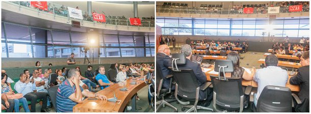 Representantes de empresas e de prestadores de serviços nas áreas de vigilância, limpeza e merenda escolar das pastas de Saúde e Educação do Distrito Federal participaram de comissão geral na Câmara Legislativa, para cobrar o repasse de pagamentos atrasados por parte do GDF; a subsecretária de Infraestrutura da Saúde, Liliane Menegoto, garantiu que os salários de outubro do pessoal da limpeza e segurança serão creditados às empresas ainda hoje; e o secretário-adjunto de Fazenda, Wilson de Paula, disse que o governo espera pagar o mês de novembro na próxima semana e o 13º no dia 15
 